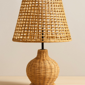 Modern Bohemian Rattan Table Lamp with Woven Shade, Natural Brown Finish, 18″ Height