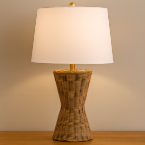 Natural Rattan Table Lamp with Cotton Shade – Modern Bohemian Style, 25.5″ Height