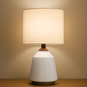 Modern Ceramic Table Lamp with Linen Drum Shade, Cream Finish, E26 Bulb Included, Bedside & Living Room Lighting