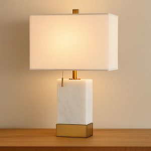 Minimalist Marble Console Lamp with Brass Gold Accents and Rectangular Shade