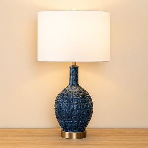 Ceramic Flask Table Lamp with Linen Shade in Blue, 3-Way Switch