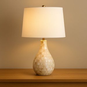 Seashell-Embellished Table Lamp with White Drum Shade – 20.5" Coastal Luxe Design
