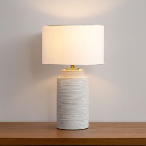 Ceramic Table Lamp with Distressed Ivory Finish and White Linen Shade