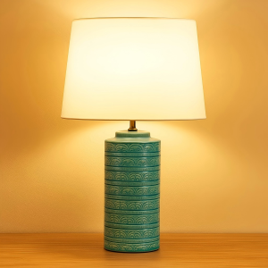 26″ Turquoise Ceramic Table Lamp with White Fabric Shade, Modern Decorative Lighting