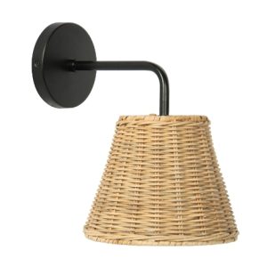 Modern Rattan Wall Sconce Light with Matte Black Metal Base, Handwoven Wicker Shade, Boho Wall Lamp for Bedroom, Living Room, Hallway
