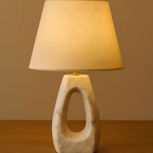 Modern Marble Table Lamp with Fabric Shade for Bedroom and Living Room