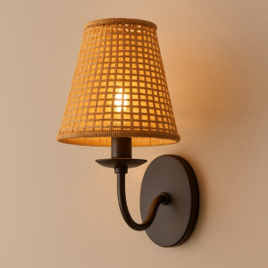 Modern Bohemian Rattan Wall Sconce, Matte Black Metal Base with Handwoven Rattan Shade, Decorative Wall Light Fixture