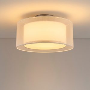 Modern LED Ceiling Light – Drum Shade, Acrylic & Brushed Metal Finish, Flush Mount, White