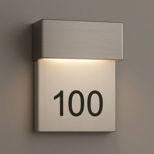 Modern LED Wall Sconce with House Number Display, Satin Nickel Finish – 5"x6.75"x2.88"