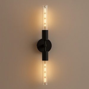 Modern Living Room Wall Sconce – Matte Black with Clear Glass Tubes