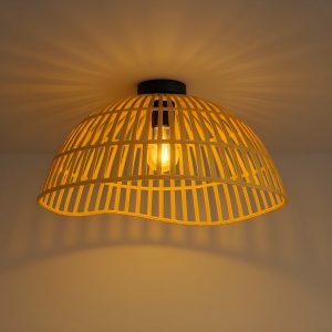 Modern Natural Rattan Ceiling Light Fixture – Handwoven Dome Shade Flush Mount Lamp for Living Room, Bedroom, Dining Room