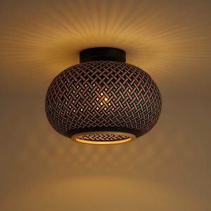 Modern Bohemian Rattan Flush Mount Ceiling Light, Handwoven Dome Shade, Matte Black & Natural Brown