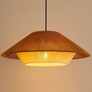 Modern Bohemian Pendant Light, Handwoven Paper Rope Shade, Natural Brown & White Hanging Ceiling Lamp, Ø23.6″ x H9.8″ (60 x 25 cm)