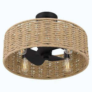 Rustic Semi Flush Mount Ceiling Light, Handwoven Hemp Rope Drum Shade with Matte Black Base, Ø21.6″ x H8.9″ (55 x 22.6 cm)