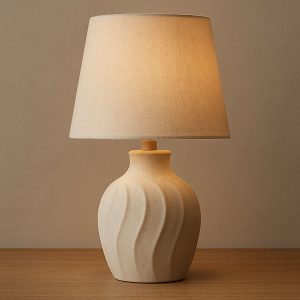 Ceramic Table Lamp with Linen Shade, Modern Minimalist Bedside Lamp, Soft Ambient Lighting for Bedroom, Living Room, Office