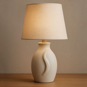 Modern Ceramic Table Lamp with Linen Shade, Minimalist Bedside Lamp for Bedroom, Living Room, Office, 21” Height