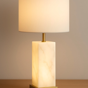 Modern Alabaster & Metal Table Lamp with Fabric Shade, Elegant Bedroom and Living Room Lighting