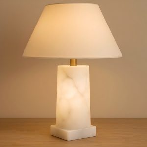 Modern Alabaster Table Lamp with Fabric Shade – Elegant Bedroom & Living Room Lighting