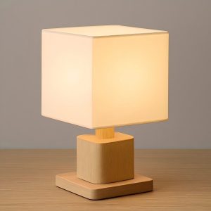 Modern Wooden Square Table Lamp with Fabric Shade – Minimalist Bedside Desk Light