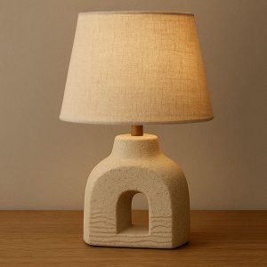 Minimalist Ceramic Table Lamp with Linen Shade, Modern Japandi Style Bedside Light
