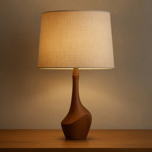 Mid-Century Modern Wood Table Lamp with Fabric Shade