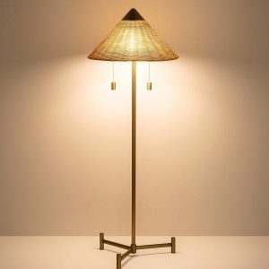 Modern Rattan Floor Lamp with Brass Finish