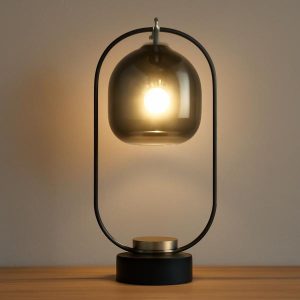 Modern Table Lamp with Smoked Glass Shade and Matte Black Frame